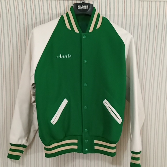 Green Wool And White Leather Letterman's Jacket - Picture 5 of 13